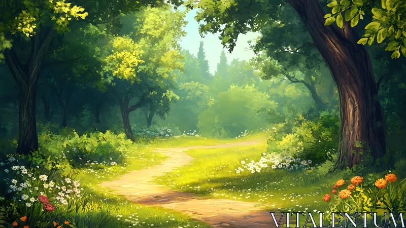 Forest Path Through Sunlit Woods with Wildflowers