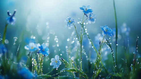 Forget-me-not flowers with dew droplets on green stems.