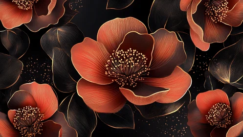 Red and black flowers with golden accents on dark background