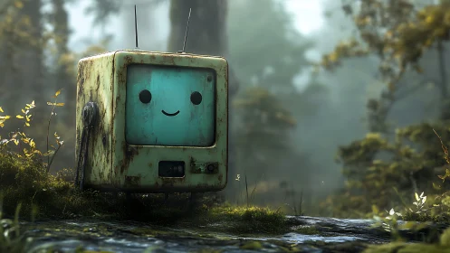 Rusty smiling robot TV explores misty forest path.