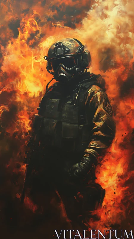 Tactical soldier portrait in inferno-tinted digital painting style.