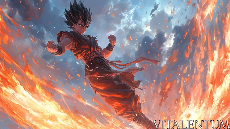 Fiery warrior ascends through swirling flame vortex sky