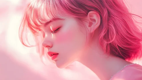 Side profile digital portrait of woman with pink hair.