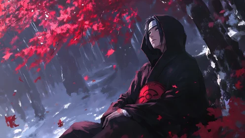 Brooding warrior beneath burning maple sky of memory.