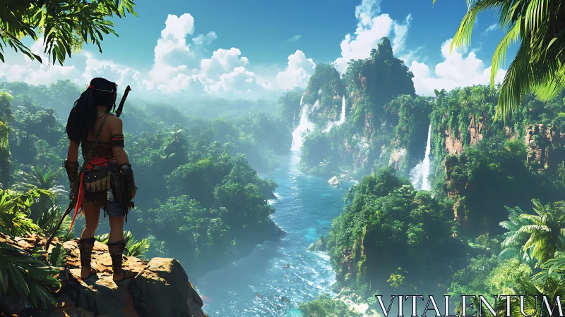 Adventurer surveys misty jungle cliffs and azure waterfalls