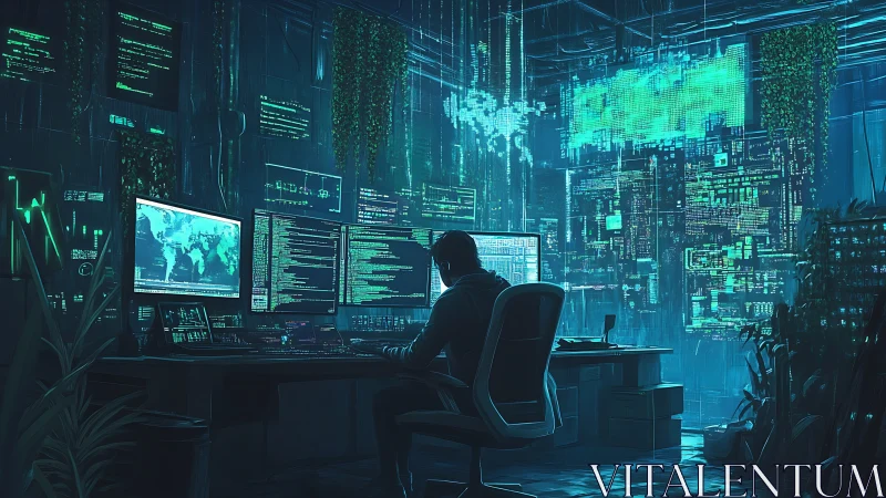 Hacker workstation in dark room with neon data displays.