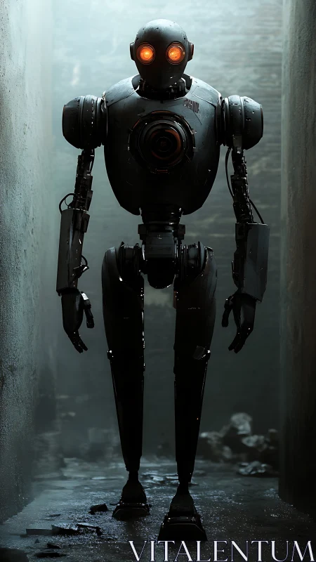 Lone alleyway sentinel robot glows with ominous patience.