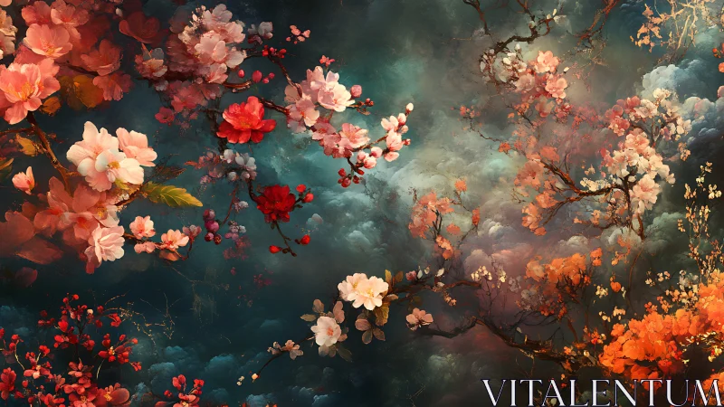 Dense flowering branches over dark atmospheric sky.