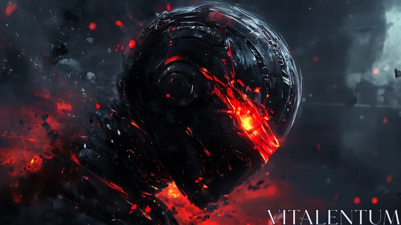 Burning cybernetic skull in dark sci fi battlefield.