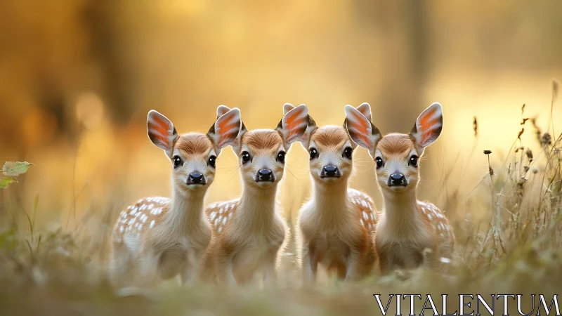 Four curious fawns in honeyed forest morning light.