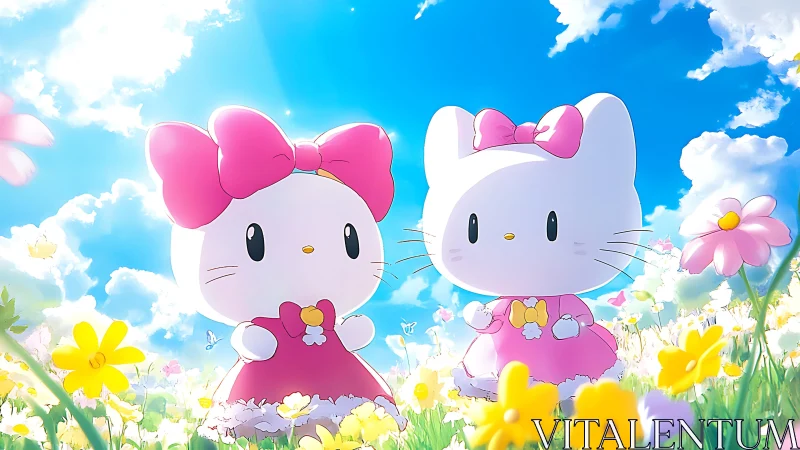 Cute bow-tied kittens share a sunny pastel flower meadow