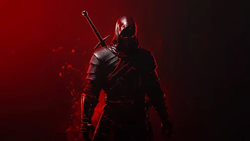 Hooded armored swordsman in red backlight on dark ground.