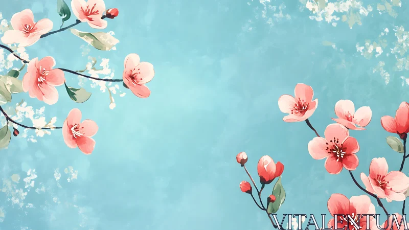 Blushing cherry blossoms drift like whispers across blue