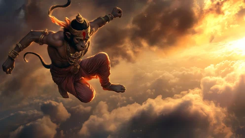 Divine simian warrior soars through blazing sunset clouds.