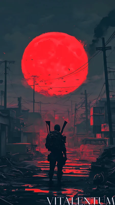 Lone wanderer stalks a ruined street beneath a blazing red moon.