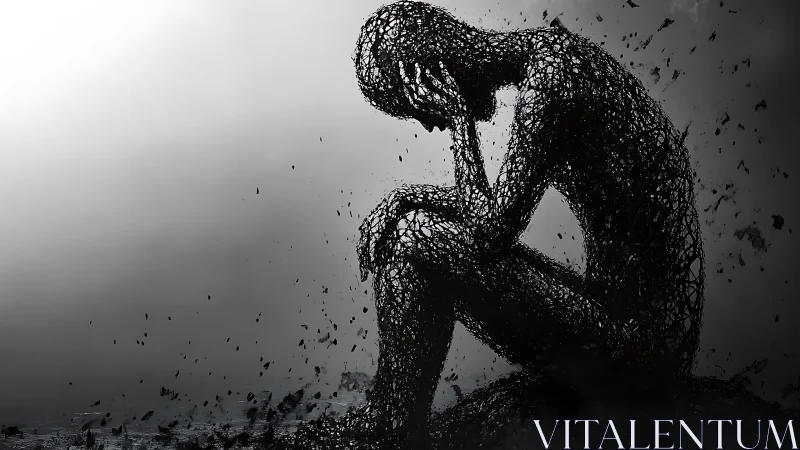 Disintegrating wireframe human figure in seated introspective pose