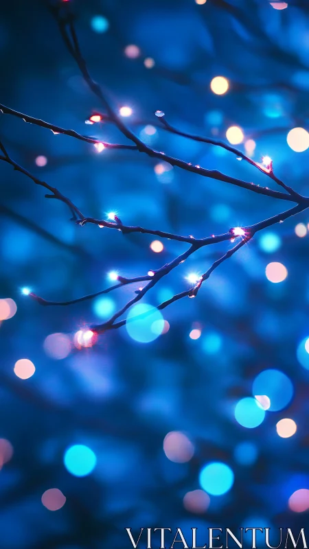 Blue bokeh branches with glowing fairy lights in shallow focus.