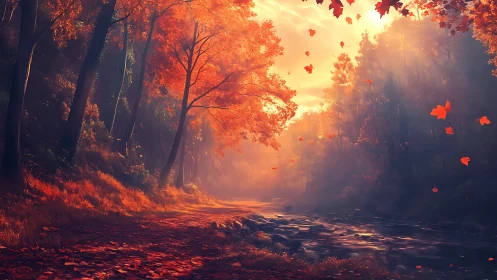 Forest pathway during autumn with warm lighting conditions and atmospheric haze.
