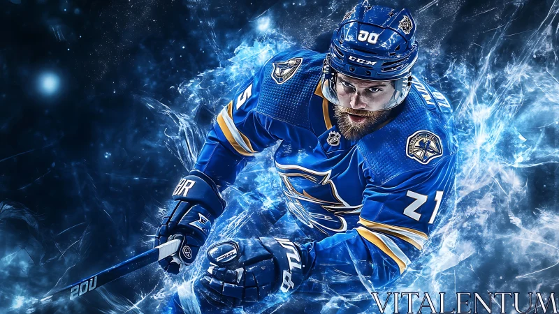 Hockey player in dynamic ice burst rendered as digital painting
