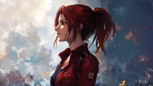 Thoughtful red haired heroine standing under painted skies.