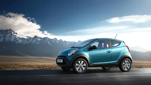 Compact blue hatchback rendered on open highway before alpine range