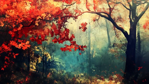 Crimson Canopy: Where Autumn's Fire Ignites the Misty Grove