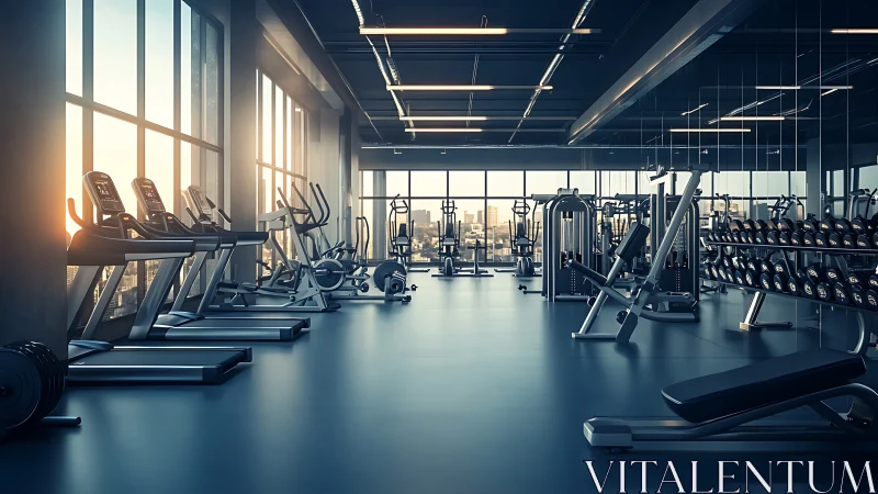 Modern high rise gym interior with cardio and weight zones.