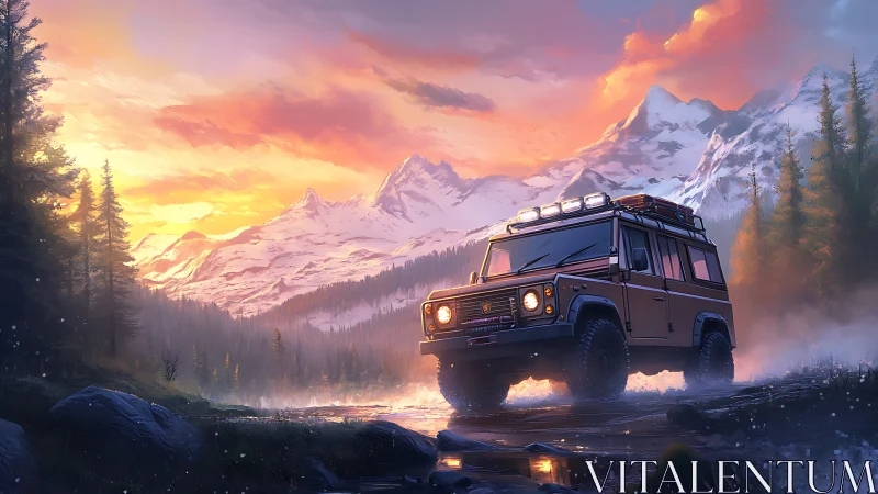 Off-road expedition truck crossing misty alpine river at dusk.