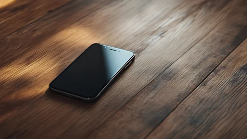 Modern smartphone resting on warm wooden flooring.