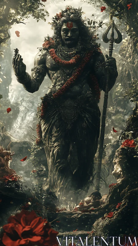 Colossal stone deity figure in dense forest environment.