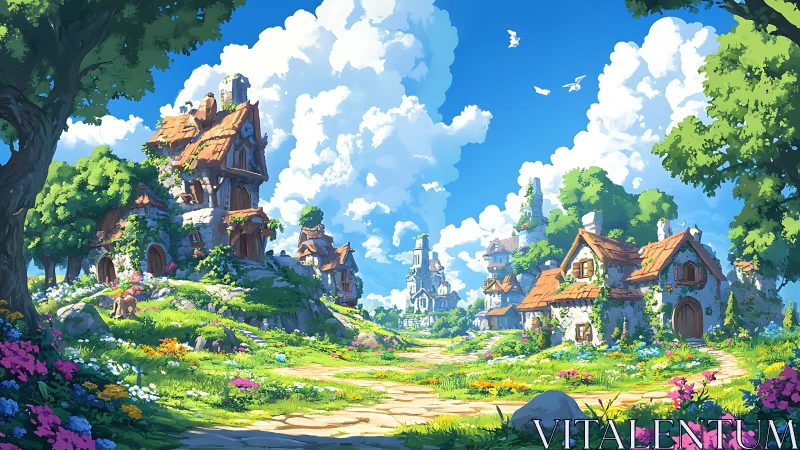 Sunlit fantasy village with stone cottages and lush gardens
