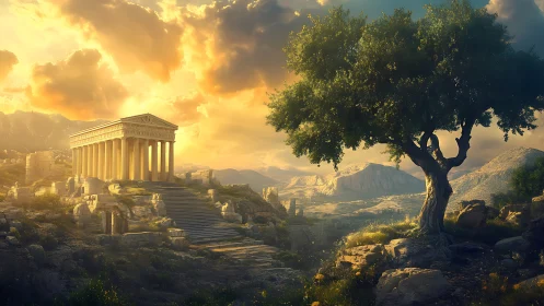 Sunlit Greek temple ruins rise beyond solitary ancient tree