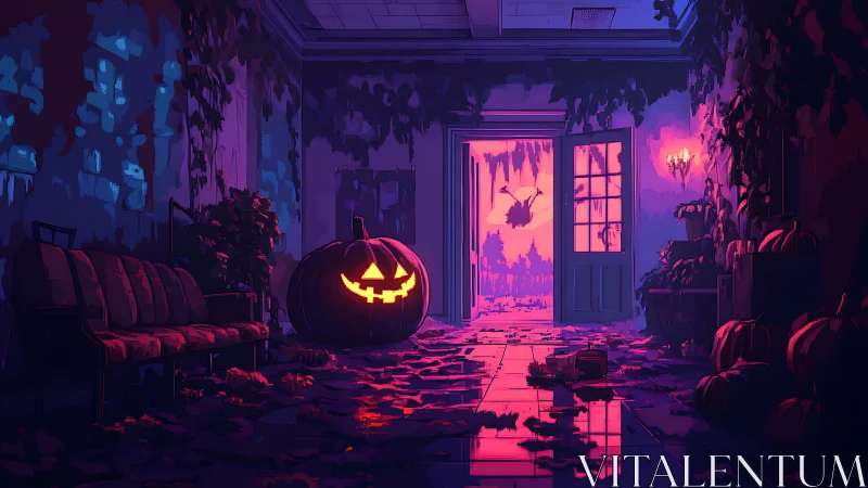 Haunted hallway glows with neon jack-o-lantern light