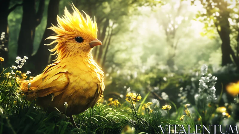 Yellow stylized bird is rendered in a sunlit forest clearing