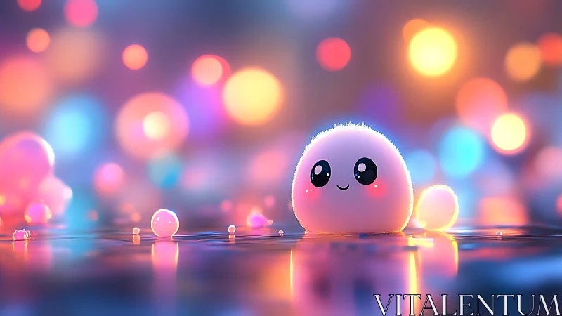 Cute fluffy blob character in colorful bokeh lights.