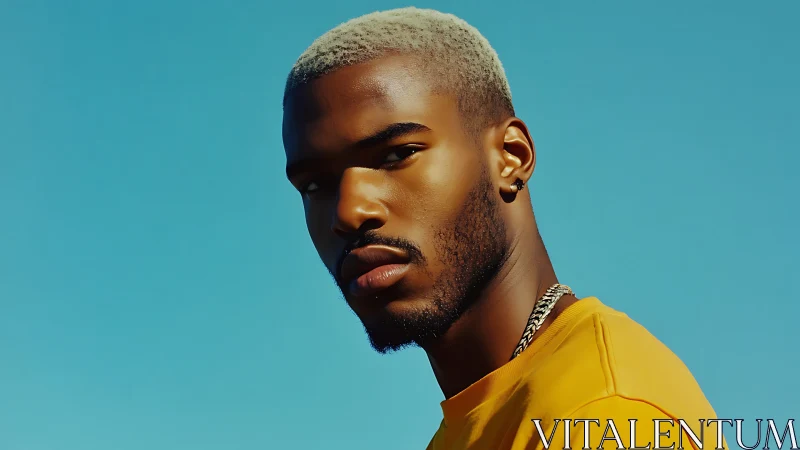 Sunlit gaze slices through cyan sky with quiet defiance