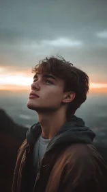 Young man in hoodie looking up at moody sunset sky.