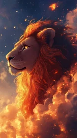 Celestial lion head crowned by blazing ember clouds.