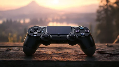 PlayStation Controller Overlooks Mountain Landscape at Dusk.