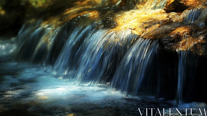 Water flows over rock ledge under directional sunlight