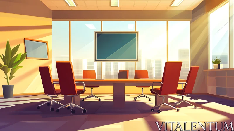 Modern Office Interior with Conference Table and Skyline View