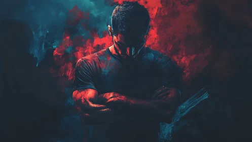 Brooding figure emerges through red and teal nebula haze.