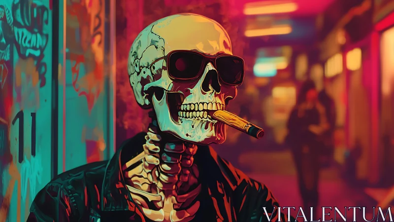 Skeleton with sunglasses smokes cigar in neon city alley