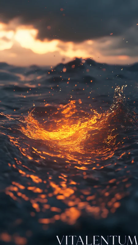 Molten light vortex ignites stormy ocean surface at dusk.