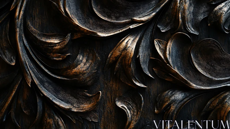 Close-up of dark carved wooden floral ornamental relief.