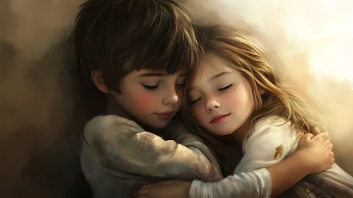 Sibling Comfort: Two Children Embracing in Warmth.