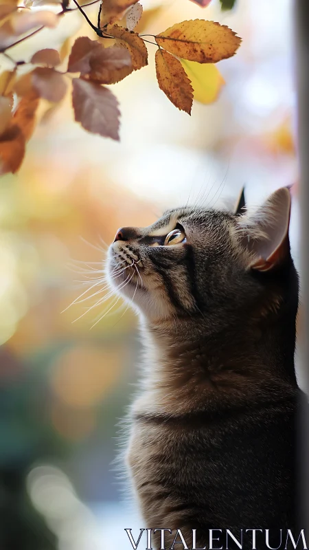 Tabby cat observing autumn foliage from below upward angle.