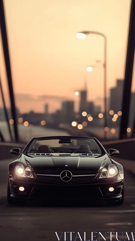 Black Mercedes convertible on city bridge at dusk scene.