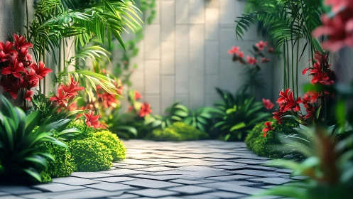 Sunlit garden path welcomes quiet walks among red blooms