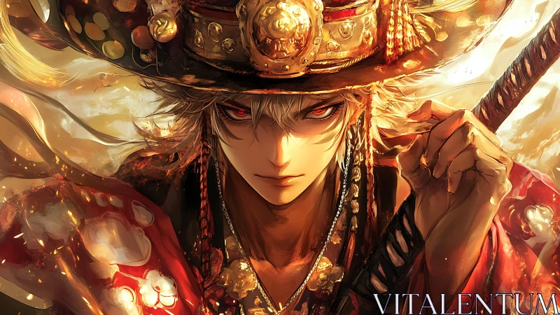 Fiery eyed warrior in ornate gold and red samurai armor